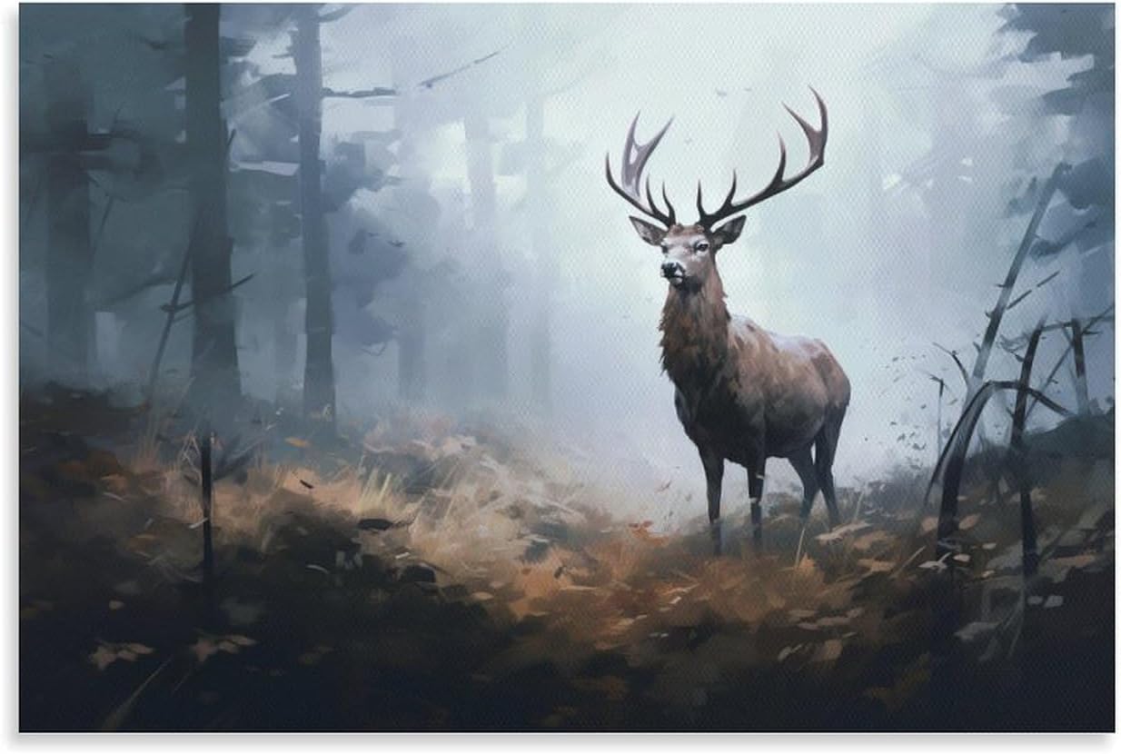 AEMYSKA Abstract Deer Canvas Wall Art Prints Rustic Misty Forest Wild