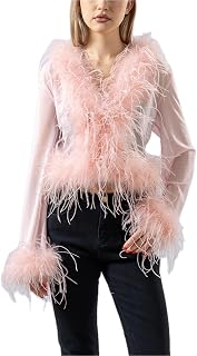 Ostrich Feather Trim Mesh Crop Top Real Feather Furry Sheer Shirt Jacket Party Y2k Sexy