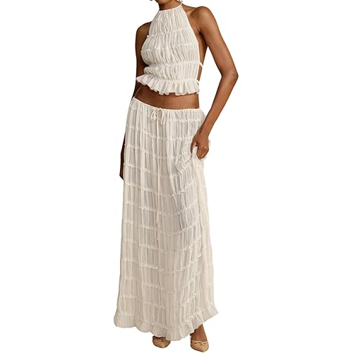 Two Piece Summer Sets for Women Sexy Flowy Maxi Skirt Set Y2k Lace Halter Crop Tank Top and Bodycon Skirt Suit Beach Outfits