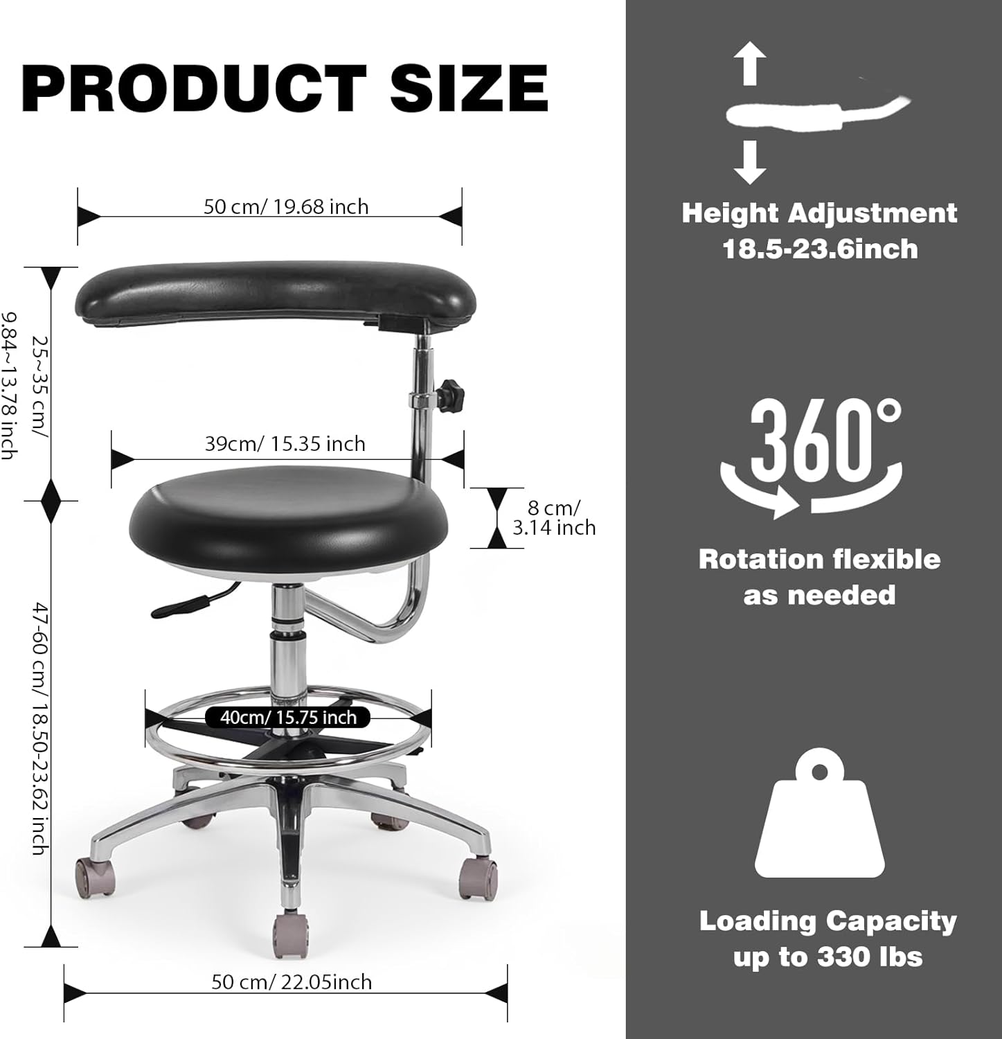 Dental Saddle Stool, Adjustable Ergonomic Stool with 360° Swivel & Movable Backrest, Height Adjustable PU Leather Rolling Stool for Dentist, Clinic, Lab, Salon, Office & Home Use (Black)