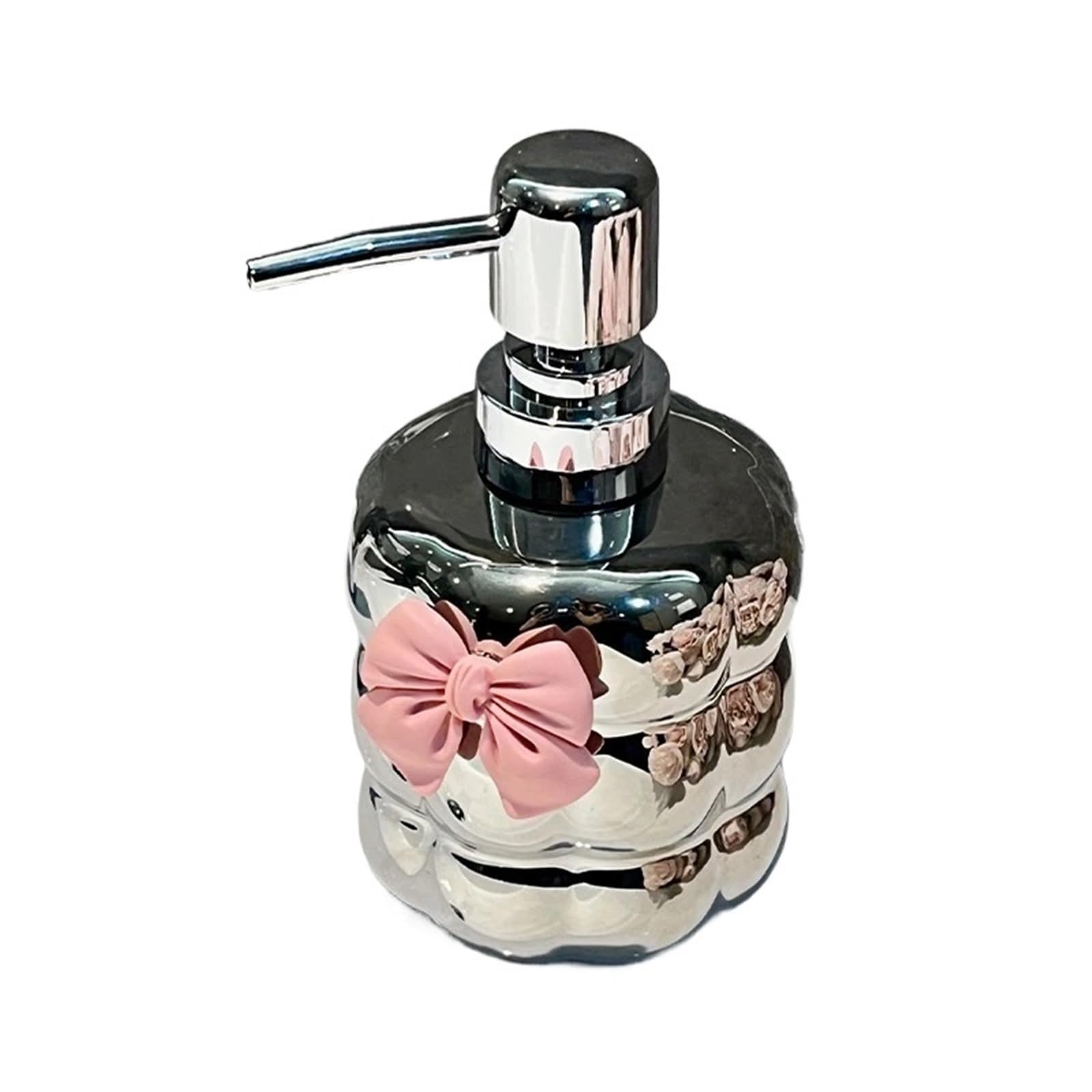 Ceramic Soap Dispenser Bow Cotton Emulsion Bottle Luxury Ceramic Press Lotion Hand Sanitizer Bottled Hotel Bathroom Decoration Accessories(Slivery)