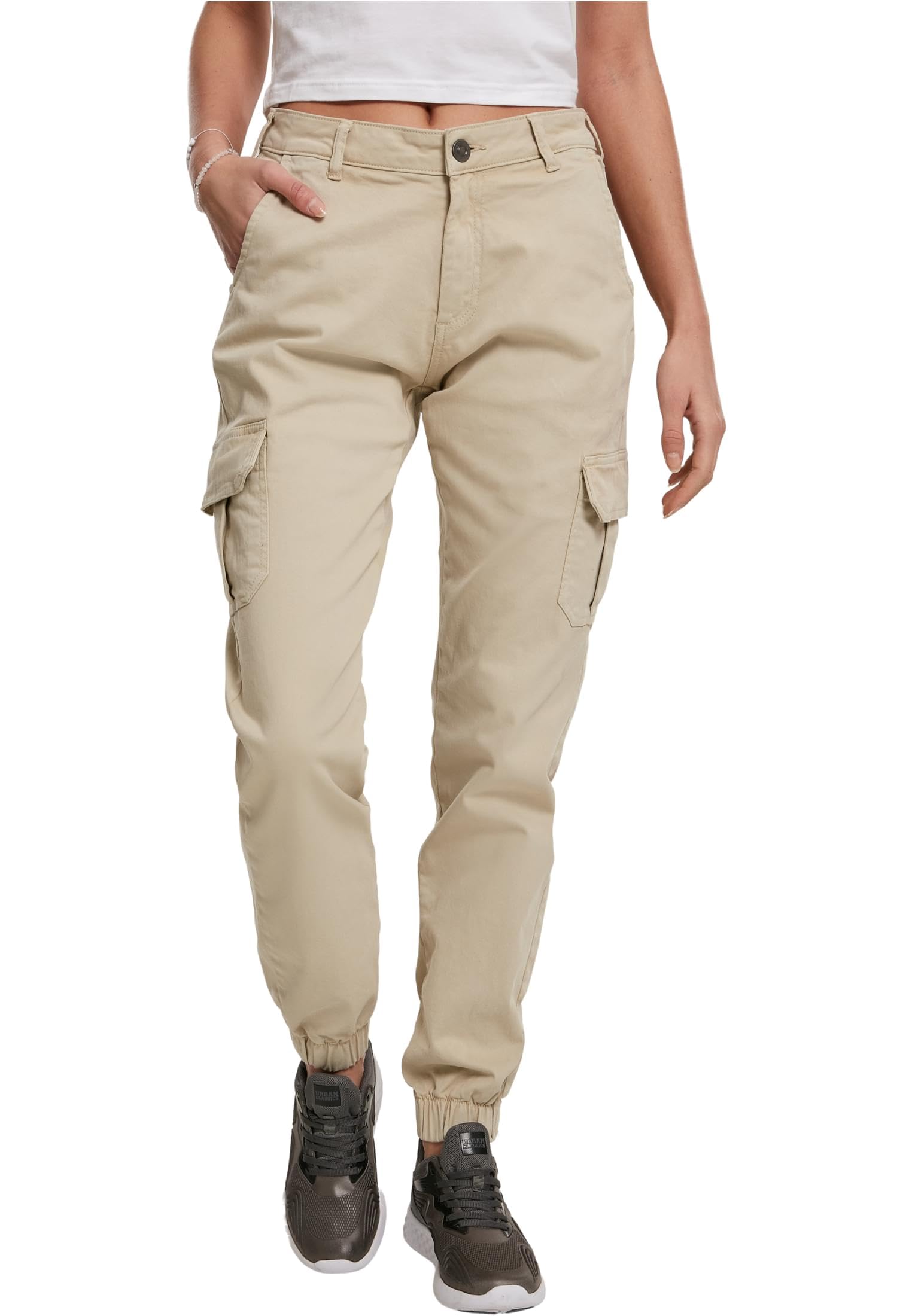 URBAN CLASSICS Combat Cargo Trousers for Women, Cargo Joggers Trousers for Women, Stretch Casual High-Waist Cargo Trousers, Combat Casual Trousers, Colour: Concrete, Size: 30