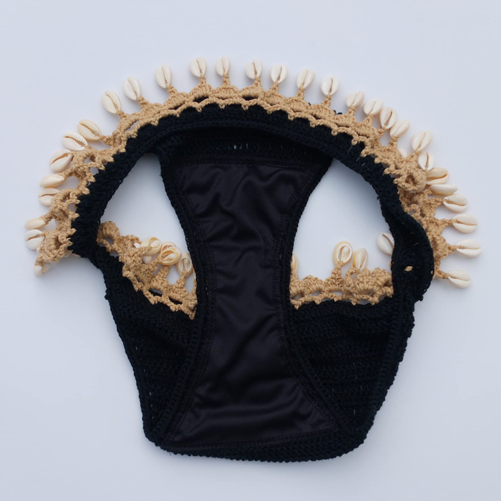 Conjunto De Bikini Sin Espalda con Cuello Colgante Sexy De Verano Traje De Baño De Ganchillo Hecho A Mano Negro Ropa De Playa con Borlas De Concha A La Moda Lencería