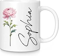 Elemtansy Personalized 11oz Ceramic Coffee Mug with Birth Flower & Custom Text - Birthday Gift for Mom, Sister, Friend, Coworker