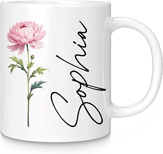 Elemtansy Personalized 11oz Ceramic Coffee Mug with Birth Flower & Custom Text - Birthday Gift for Mom, Sister, Friend, Coworker