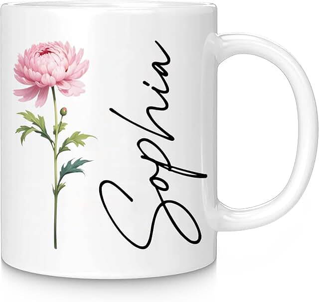 Custom Coffee Mug, 11oz Ceramic Coffee Cup with Photo Text & Birth Flowe...
