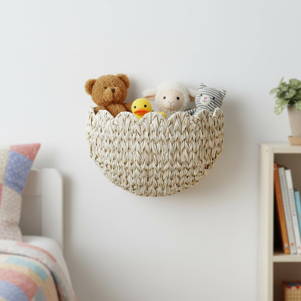 Coeusy Panier suspendu en osier, panier mural festonné pour organiser et décorer, paniers de rangement tissés bohèmes pour jouets, tissu, fleurs, magazines, blanc