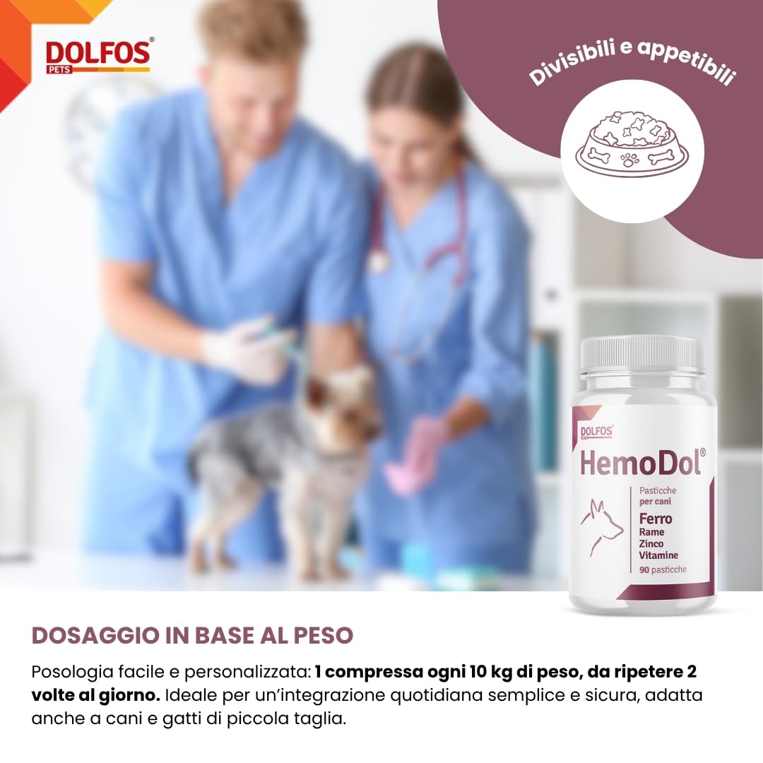 Pets Dolfos Hemodol 90 Compresse - Supporto complementare Cane e Gatto per Anemia - Formula avanzata contro la carenza di Ferro - Contiene Ferro, Rame Zinco e Vitamine