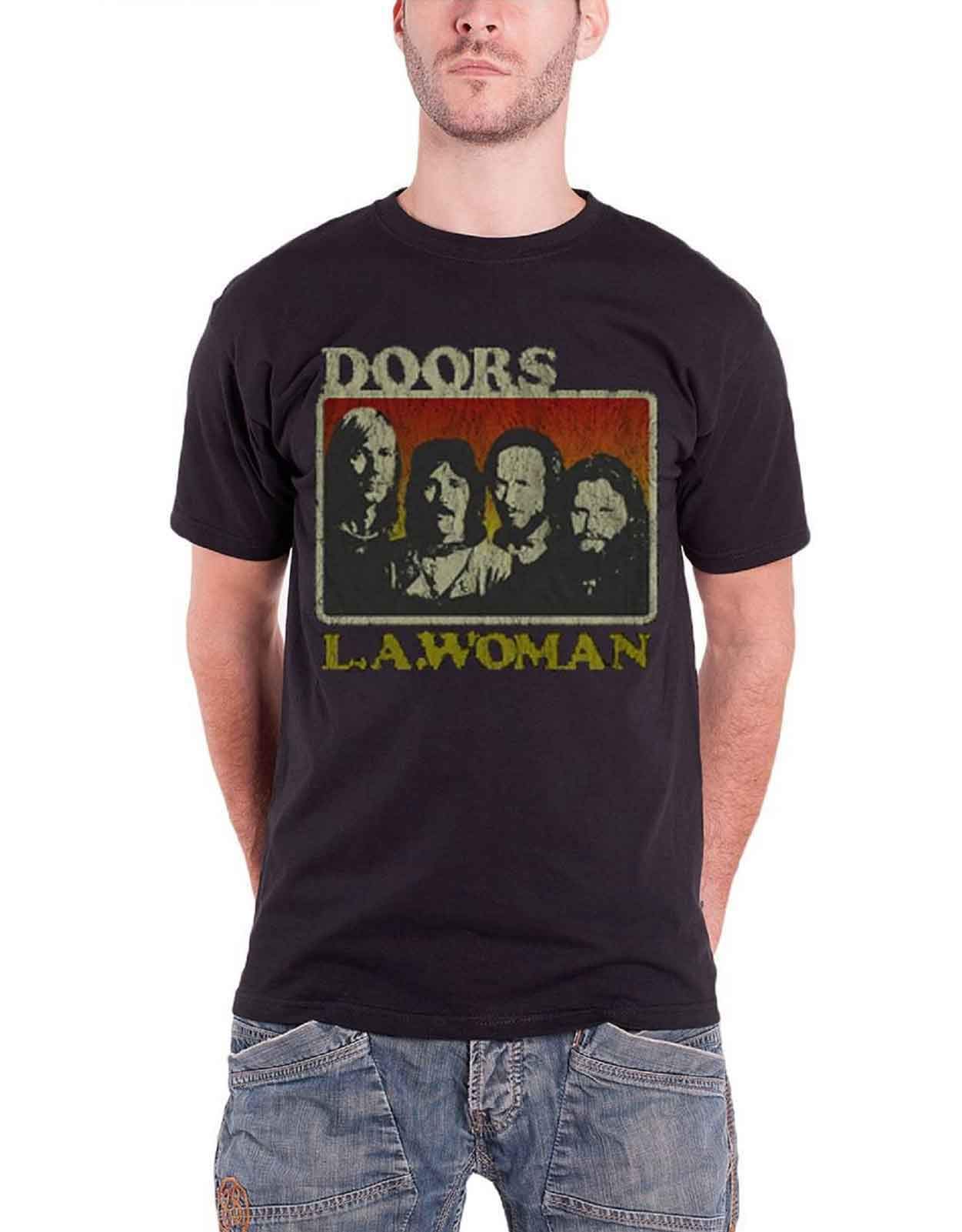 The Doors T Shirt La Woman Distressed Print Band Logo Official Mens Black
