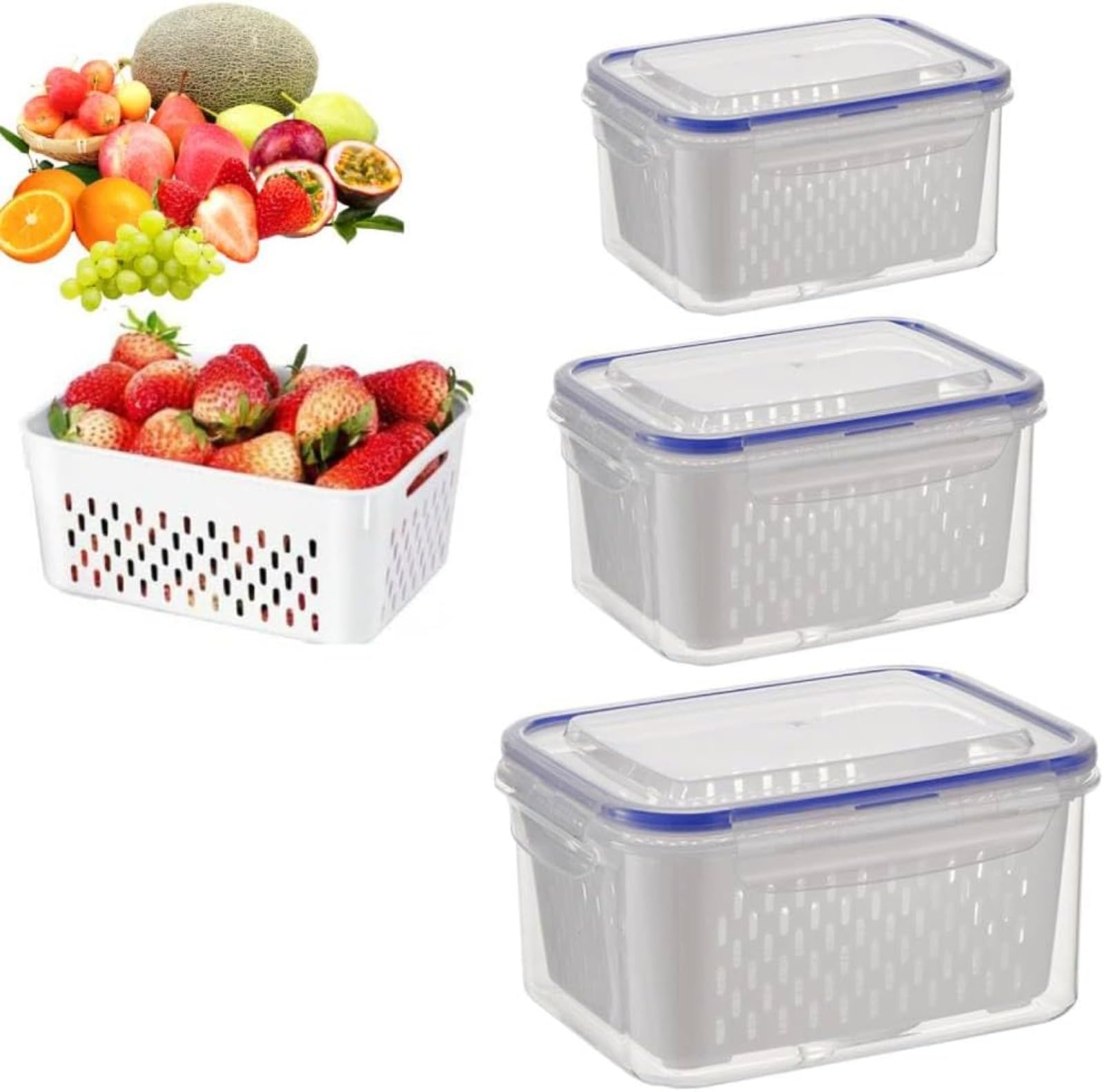 4 in 1 Fruit Storage Containers for Fridge with Colander, Airtight Produce Saver with Removable Drain Basket, Stackable Food Storage Containers with Waterproof Lid, for Vegetable & Berry Organization