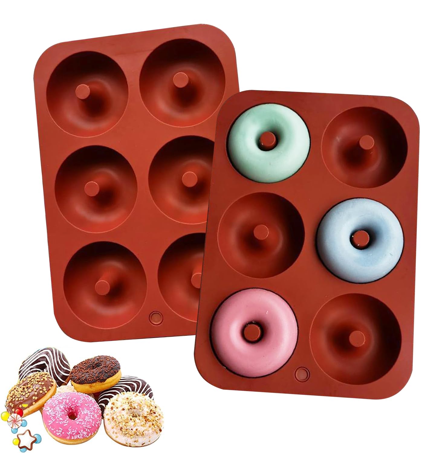 Pack of 2 Silicone Doughnut Moulds, Doughnut Mould with 6 Cavities, Round Doughnut Moulds, Baking Moulds, Non-Stick Silicone Doughnut Moulds, for Cakes, Bagels, Muffins, Suitable (Brick Red)