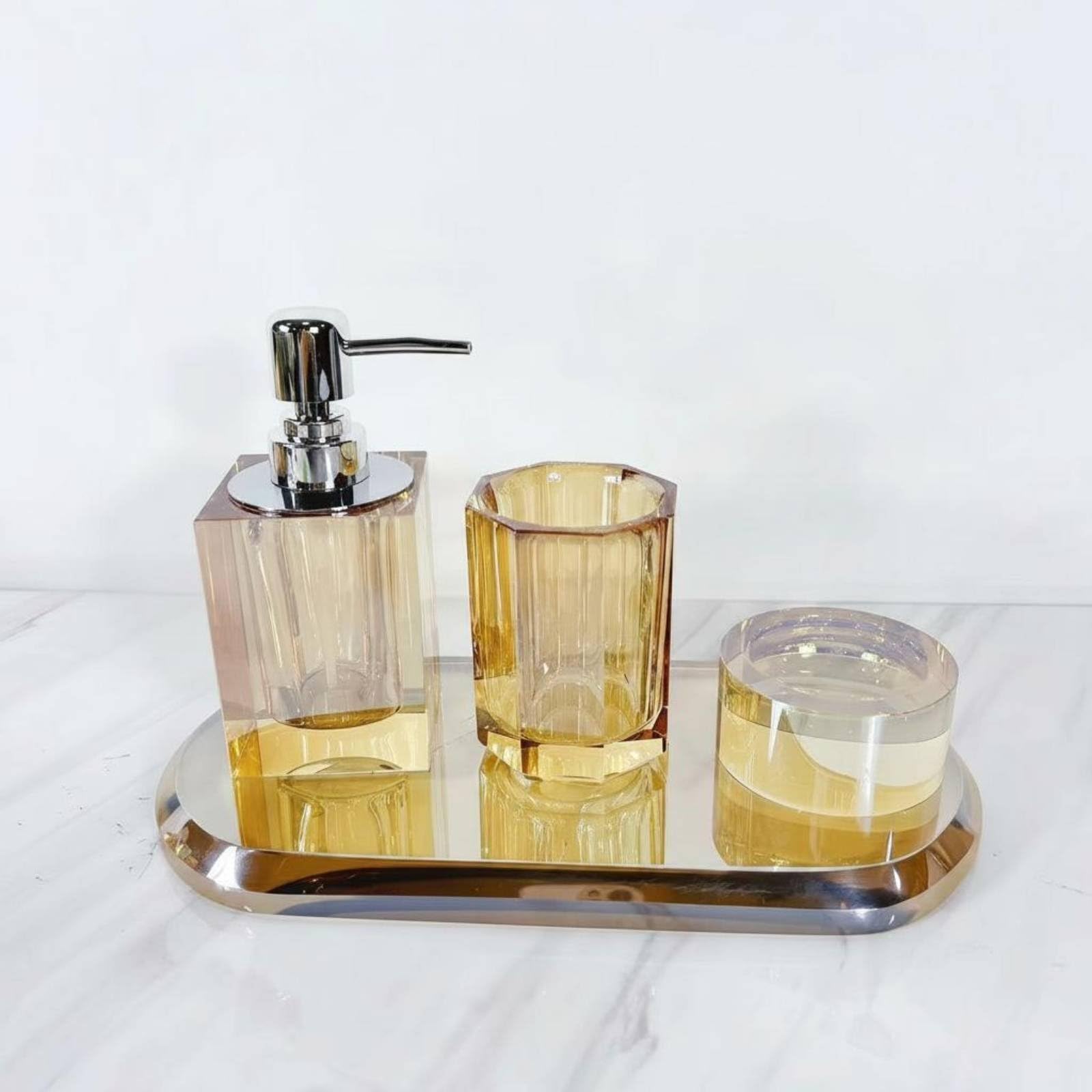 Dispenser Sapone Bagno Set con Dispenser E Bicchiere Coordinati Portapiattino E Vassoio in Vetro Cristallo Estetica Ordinata Contemporanea Adatto per Hotel Bagno Ospiti Toeletta, Moderno-A
