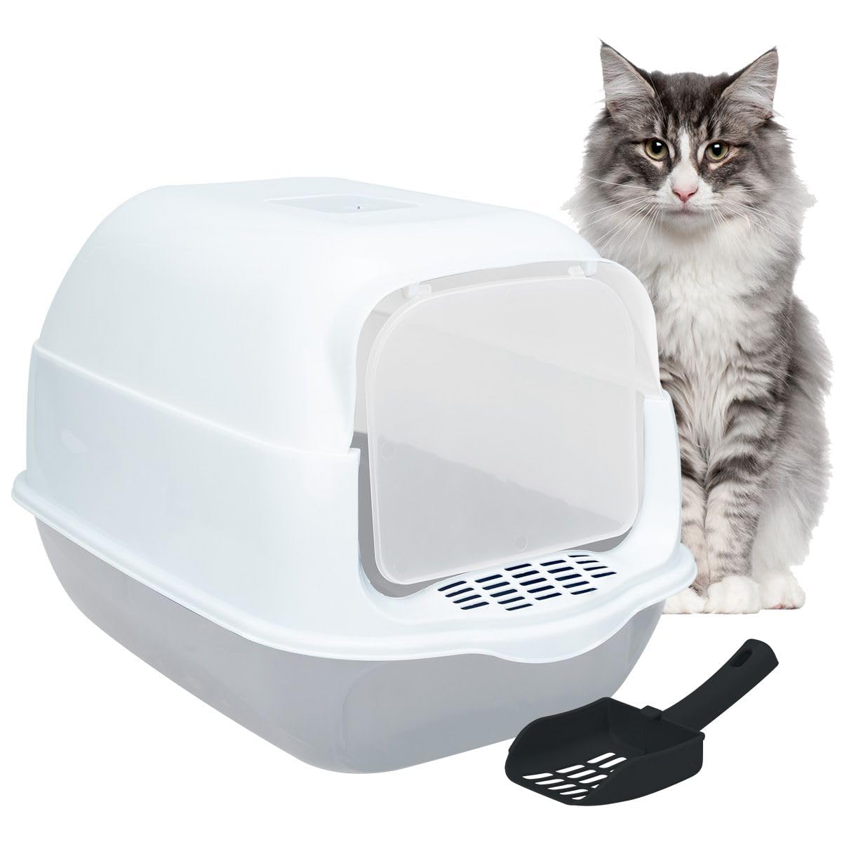 SELECTSHOP Arenero Inodoro Domo para Gato Cerrado Caja de Arena para Gatos con Tapa Y Puerta Abatible Antiolores Facil de Limpiar Incluye Pala (Gris)