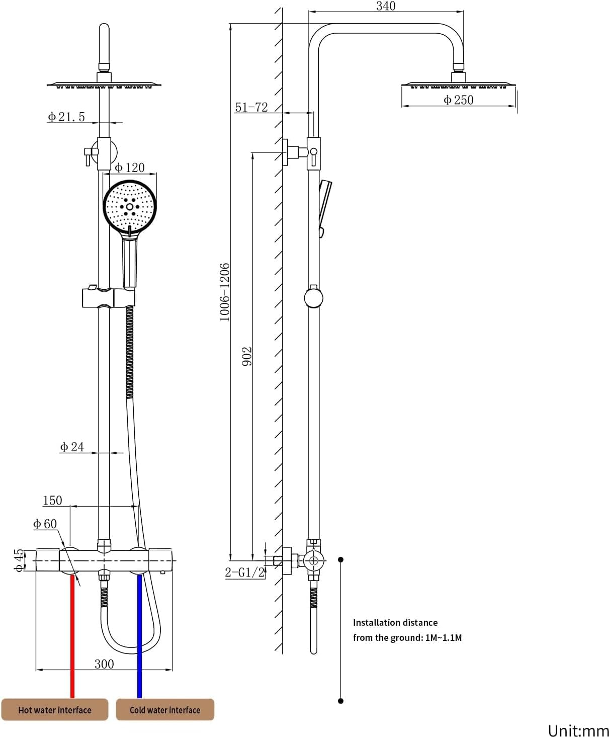 Colonna Doccia Termostatica con Miscelatore, DETBOM Set Doccia in Acciaio Inox 304 - Soffione Pioggia 25cm + Doccetta 3 Jet Autopulente, Kit Completo con Tubo 1.5m e Staffa Regolabile, Rotondo