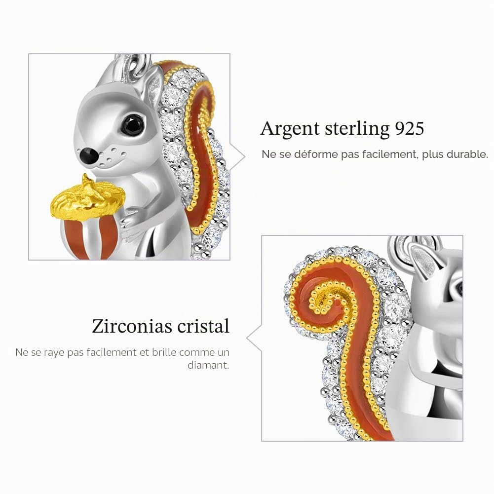 GNOCE Pendentif à Breloque écureuil En Argent Sterling Breloque Animale Avec Zircone Cubique S'adapte à Tous Les Bracelet/Collier Bijoux De Mode Pour Femmes Filles