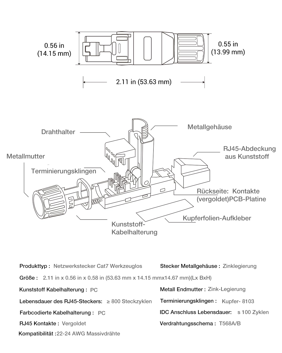 Lan - Connettore Cat 7 senza attrezzi, 10 Gbps 600 MHz, placcato oro, RJ45, senza attrezzi POE per Cat7 Cat6A, cavo di collegamento schermato, cat7, senza attrezzi, riutilizzabile, 24 pezzi