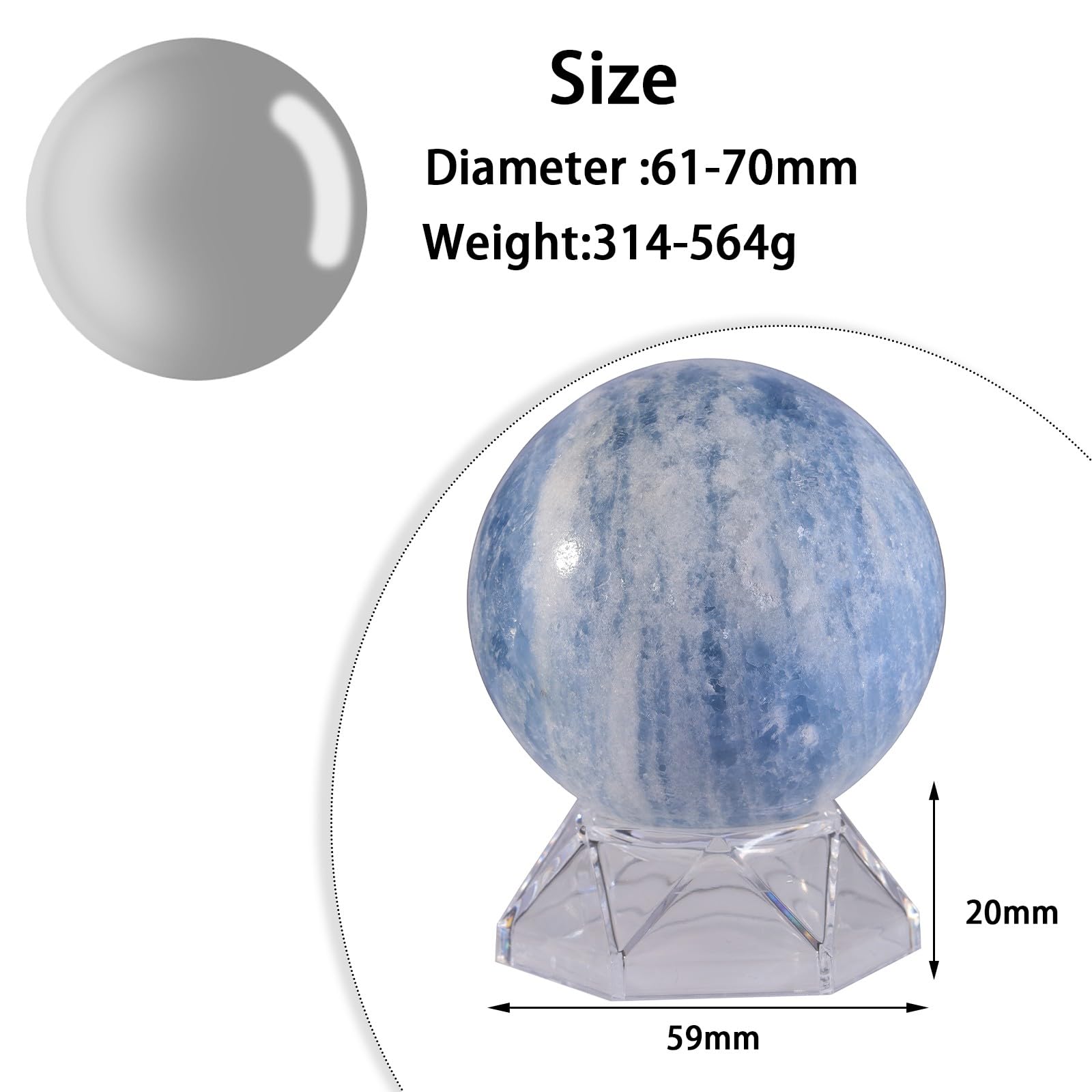 KYEYGWO Natürliche Poliert Blauer Celestit Kristall Kristallkugel mit Acryl Ständer Edelstein Figurine Steinkugel Ornamente für Dekoration Meditation Wahrsagerei, 61-70mm