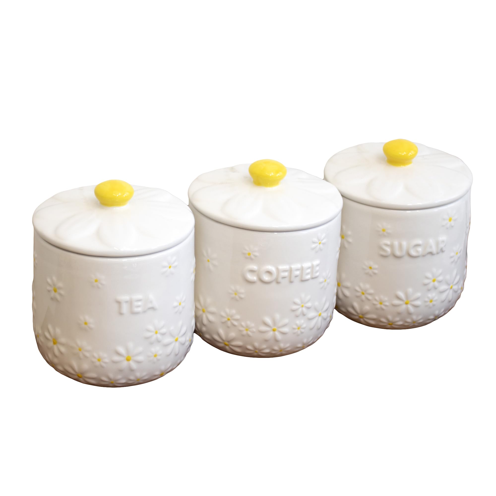 Darthome White Daisy Tea Coffee Sugar Canisters Set Of 3 12x15x12cm Ceramic Flower Kitchen Jars Airtight Lids