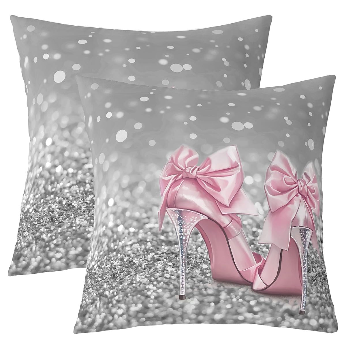 Homewish Pink Bowknot High Heels Throw Pillow Covers 18x18 Inch Set of 2 3D Abstract Glitter Gray Diamond Decor Cushion Covers for Girls Teens Women
