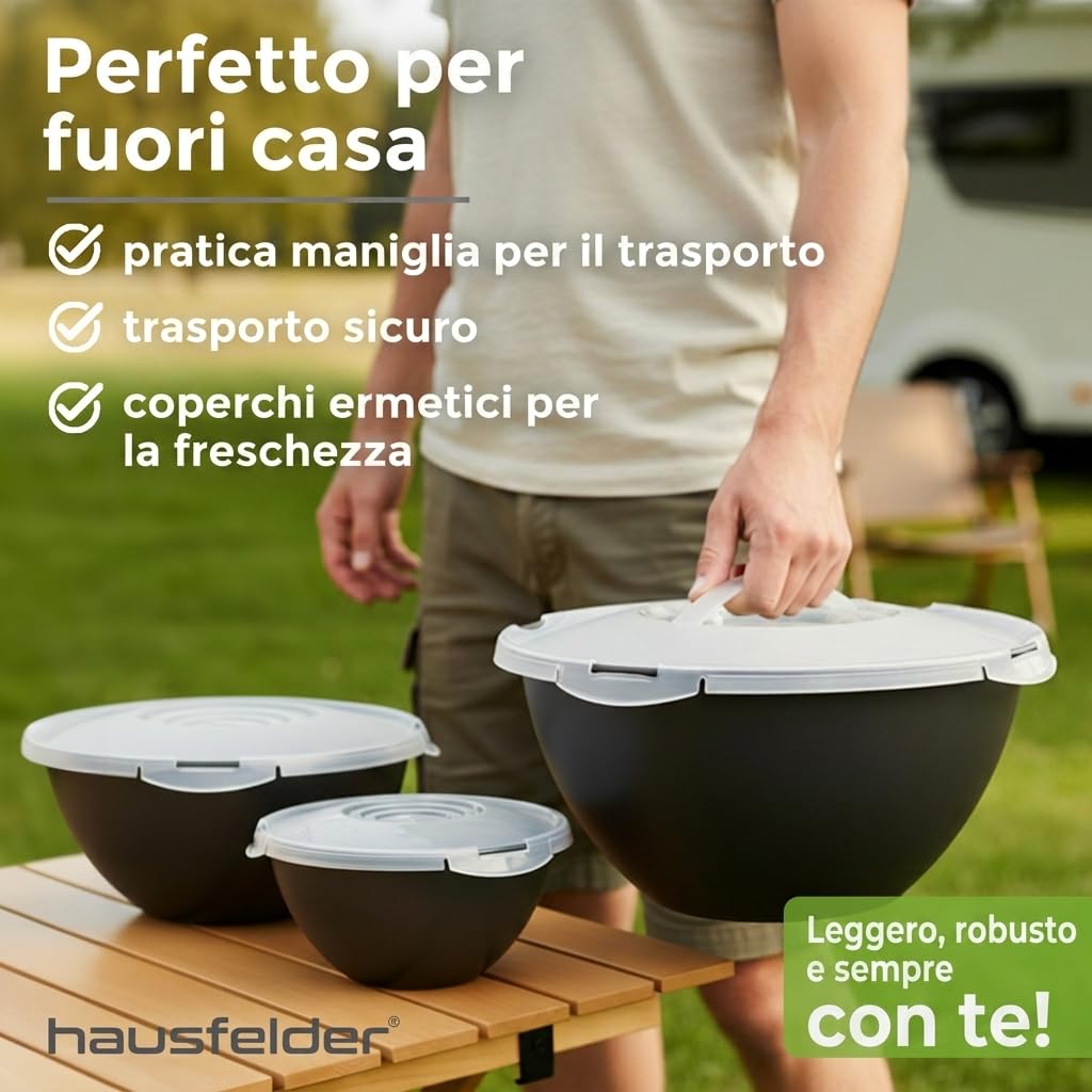 Hausfelder Set di ciotole grande con coperchio, insalatiera plastica, set di ciotole da 0,7-6 L in antracite nero senza BPA, set insalatiere