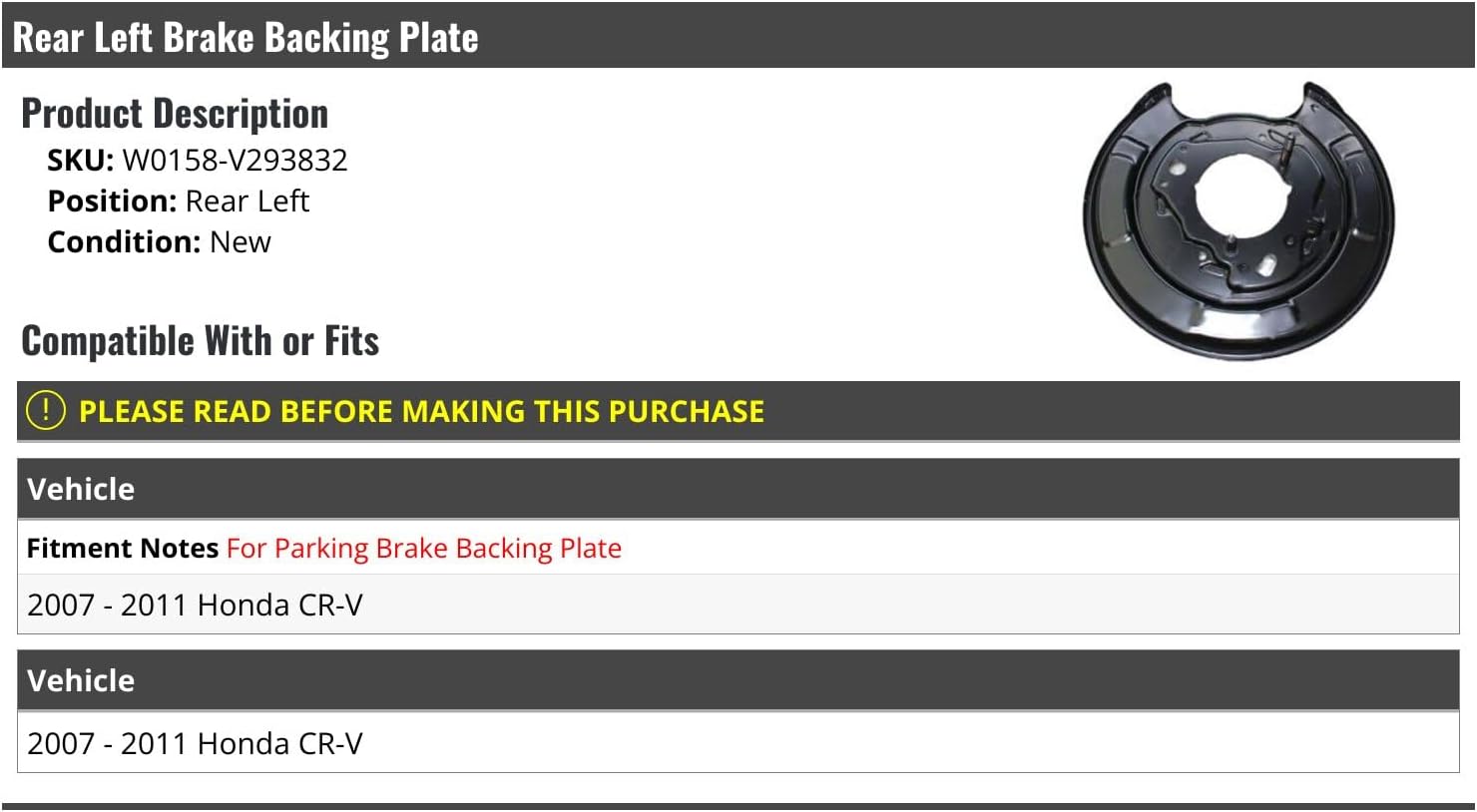 Rear Left Driver Side Brake Backing Plate - Compatible with 2007-2011 Honda CR-V