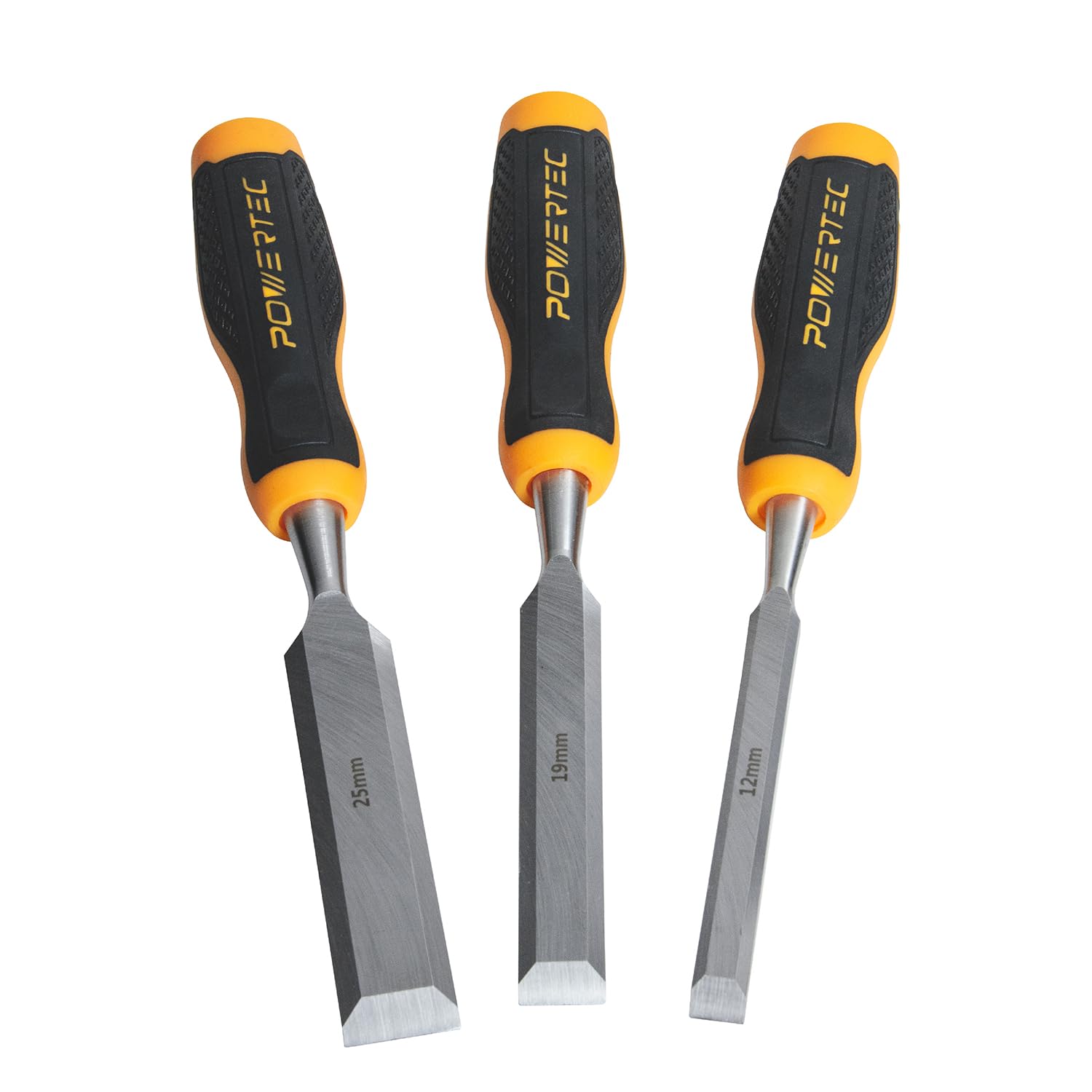 POWERTEC Wood Chisel 3 Piece Set - 1", 3/4" &amp; 1/2" Bevel-Edge Bench Chisels with Strike Cap, Drop Forged Chrome Vanadium Steel Blades for Woodworking, Joinery, Mortising, Paring and Trimming (72136)