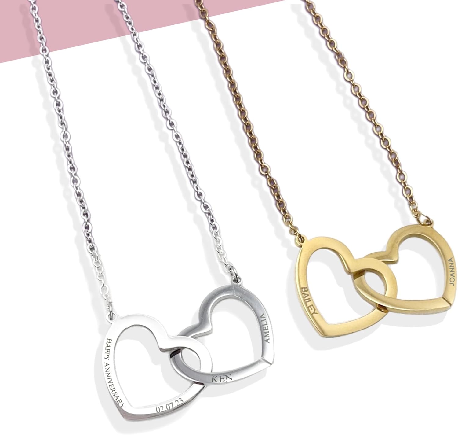 Engraved Linked Heart Necklace, Multiple Name Jewellery, Custom Intertwined Heart Charm, Interlocking Double Heart Necklace, Personalised Open Heart Pendant Necklace, Kids Name Necklace, Couple's Gift