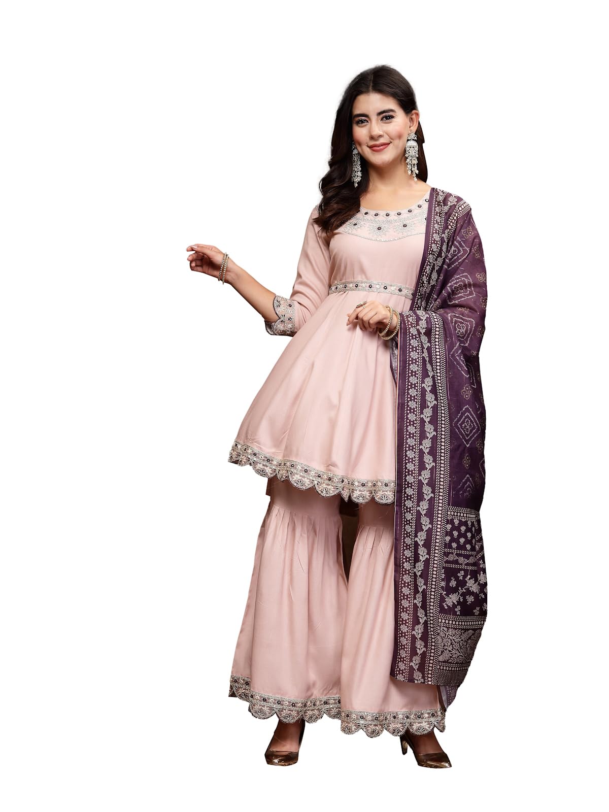 Stylum Women's Solid & Embroidered Rayon Short Kurti Sharara Dupatta Set (Ksdblushbaleno44_Rose Gold, Xxl)