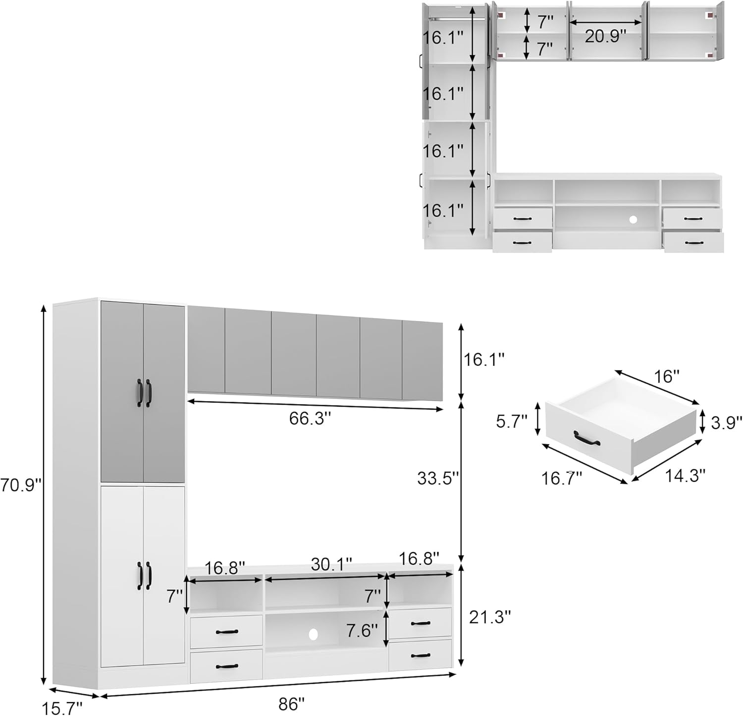 WOODTIME 86" W Wall Unit Entertainment Center with Bookshelves for TVs up to 65", Modern Large 4-Piece TV Stand Media Console Table with Doors, 4 Drawers & 14 Shelves for Living Room, White & Grey