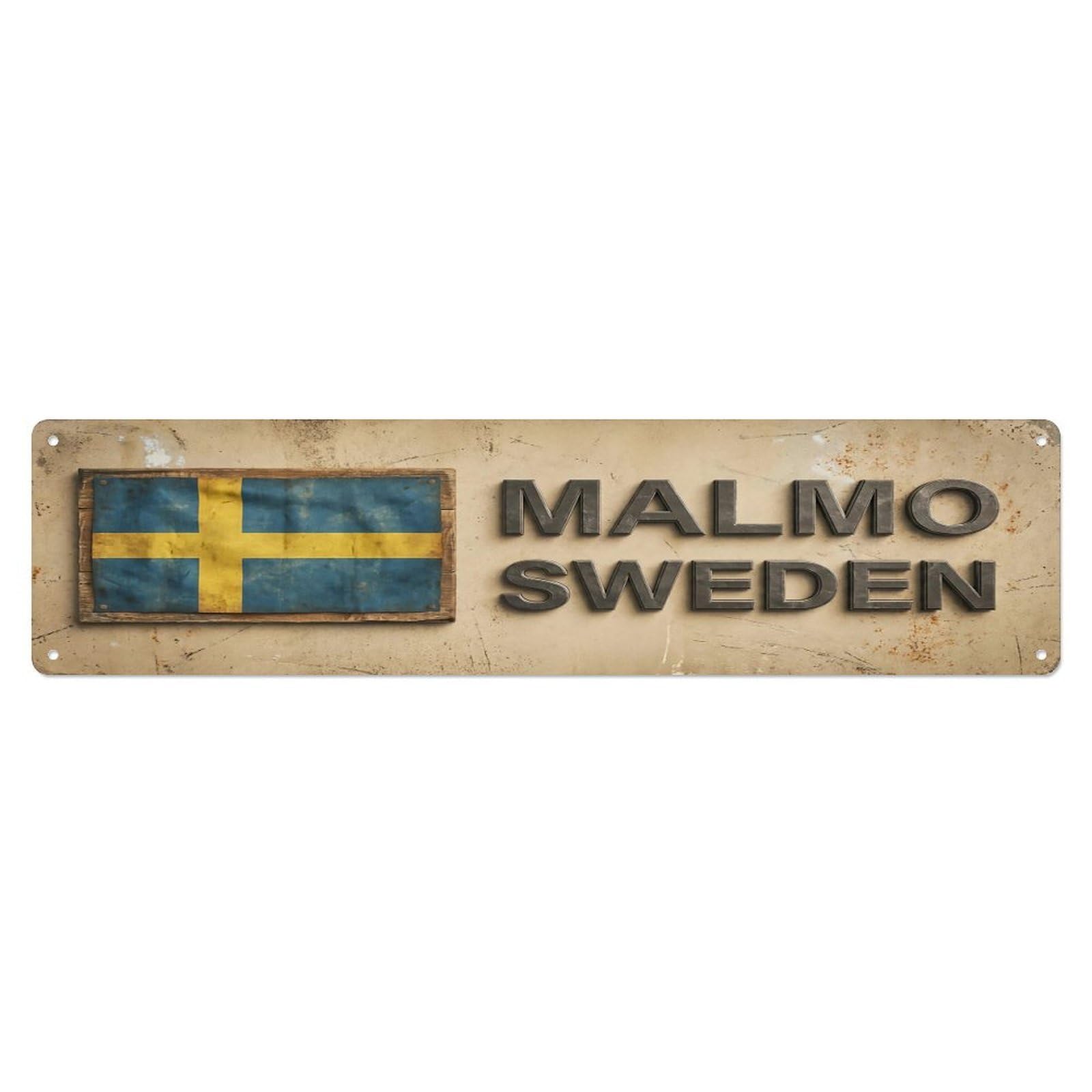 Vintage Malmo Sweden Flag Decor Rustic Travel Metal Tin Sign