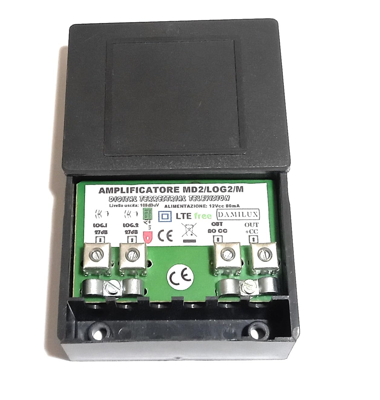 AMPLIFICATORE DA PALO ANTENNA TV LTE 2 LOG 27dB 2 OUT TIPO MORSETTO