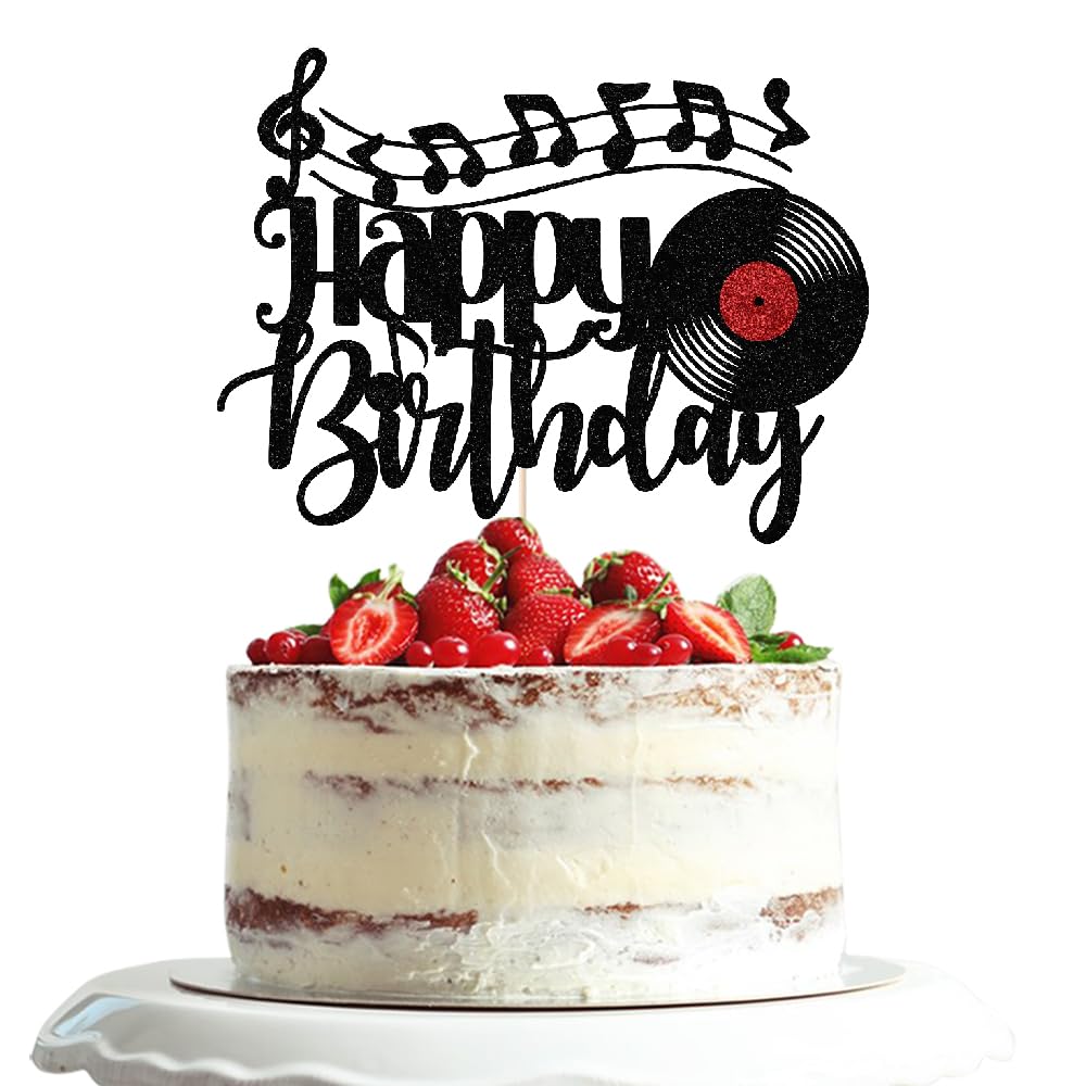 Dxsdgetue Black Glitter Record Happy Birthday Cake Topper Vinyl Record Retro Rock and Roll Music Cake Decor CD Hip Hop Dancing Ball Music Theme