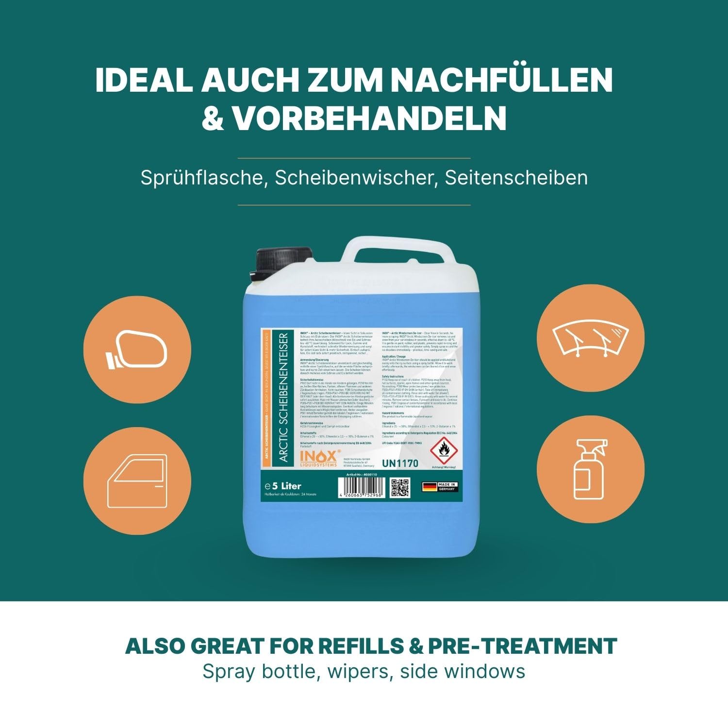 INOX® - Schnell wirkender Scheibenenteiser 5l + 1L Sprühflasche| Effektiver Scheibenenteiser Nachfüller | Scheiben Enteisen ohne Kratzen | Schlierenfreies Scheibenenteisen | Wirksam bis -40 Grad