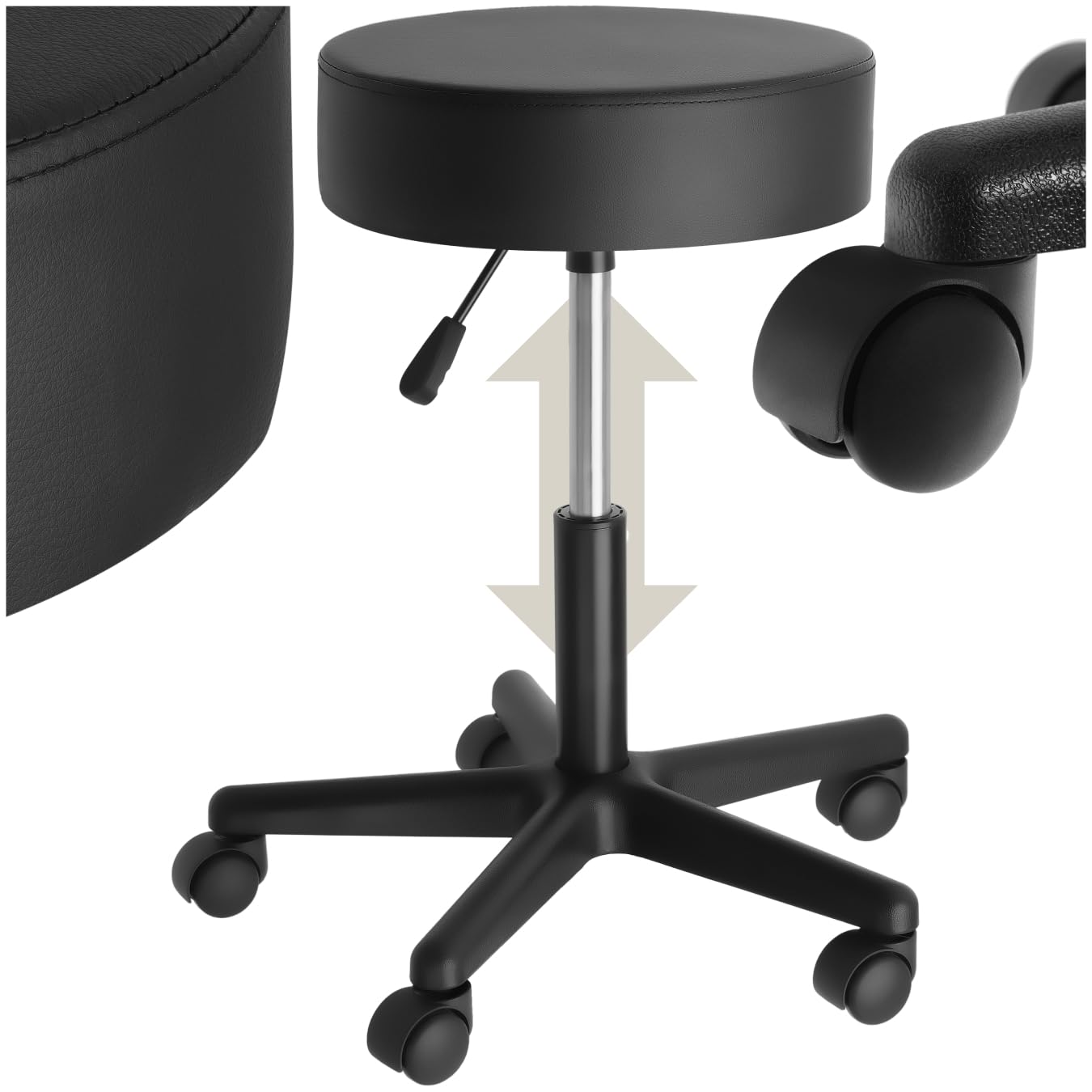 tectake® Sgabello Con Ruote, Girevole 360°, Regolabile in Altezza da 48 a 63 cm, Base con 5 Ruote Doppie, Seduta Imbottita 10 cm, Similpelle, Design Salvaspazio - Nero