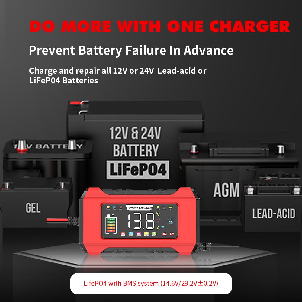 24V 8A/12V 15A Autobatterieladegerät, 2 In 1 LiFePO4 Vollautomatische KFZ Batterieladegerät, Erhaltungsladegerät und Desulfator mit 4 Lademodi für Auto LKW Motorrad Rasenmäher Boot Marine Batterien