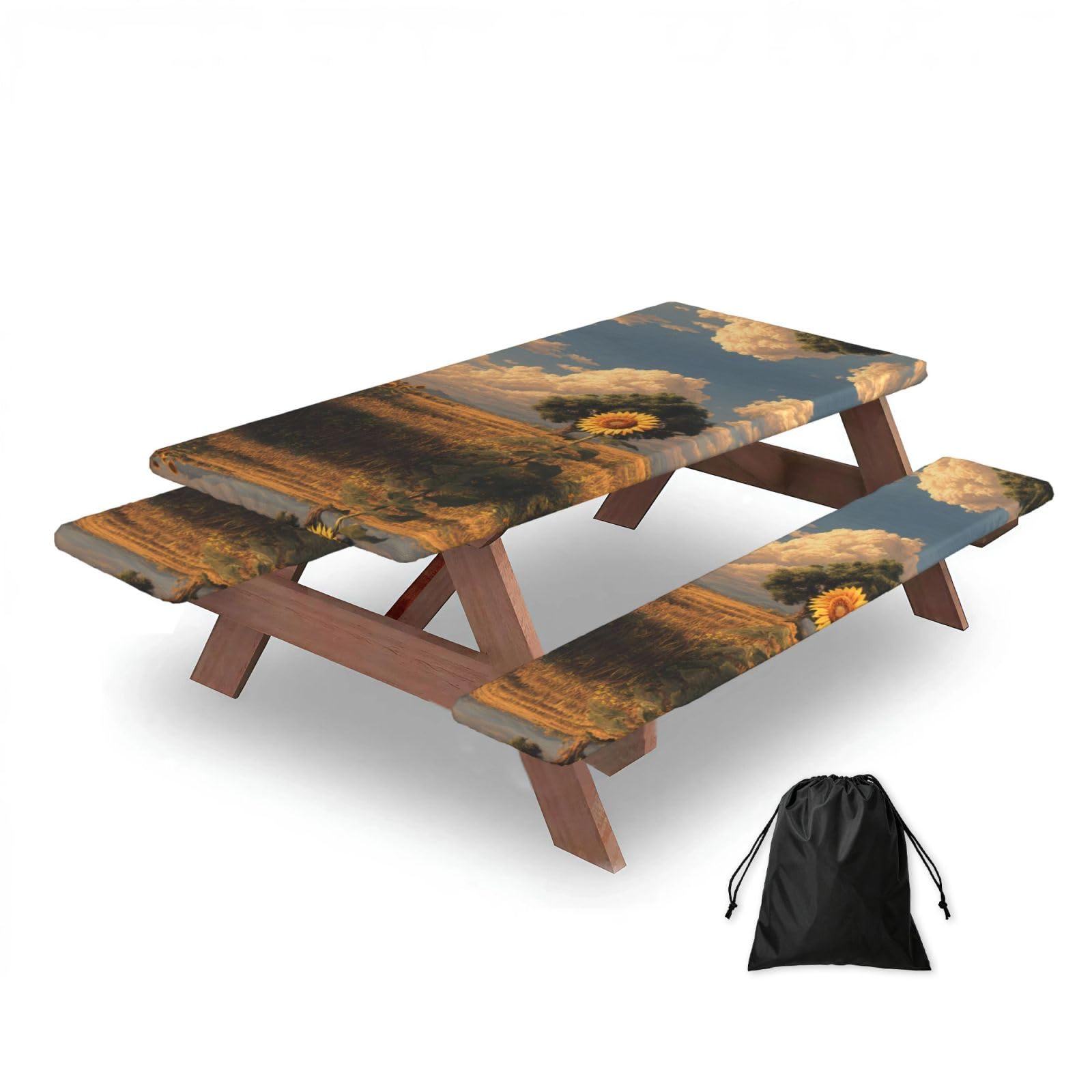 ESNAIUVCD Sunflower Scenery Print Picnic Table Cover With Bench Covers,Camping Essentials,Fitted Tablecloth Cover With Elastic Edge, For Indoor & Outdoor 3 Pcs