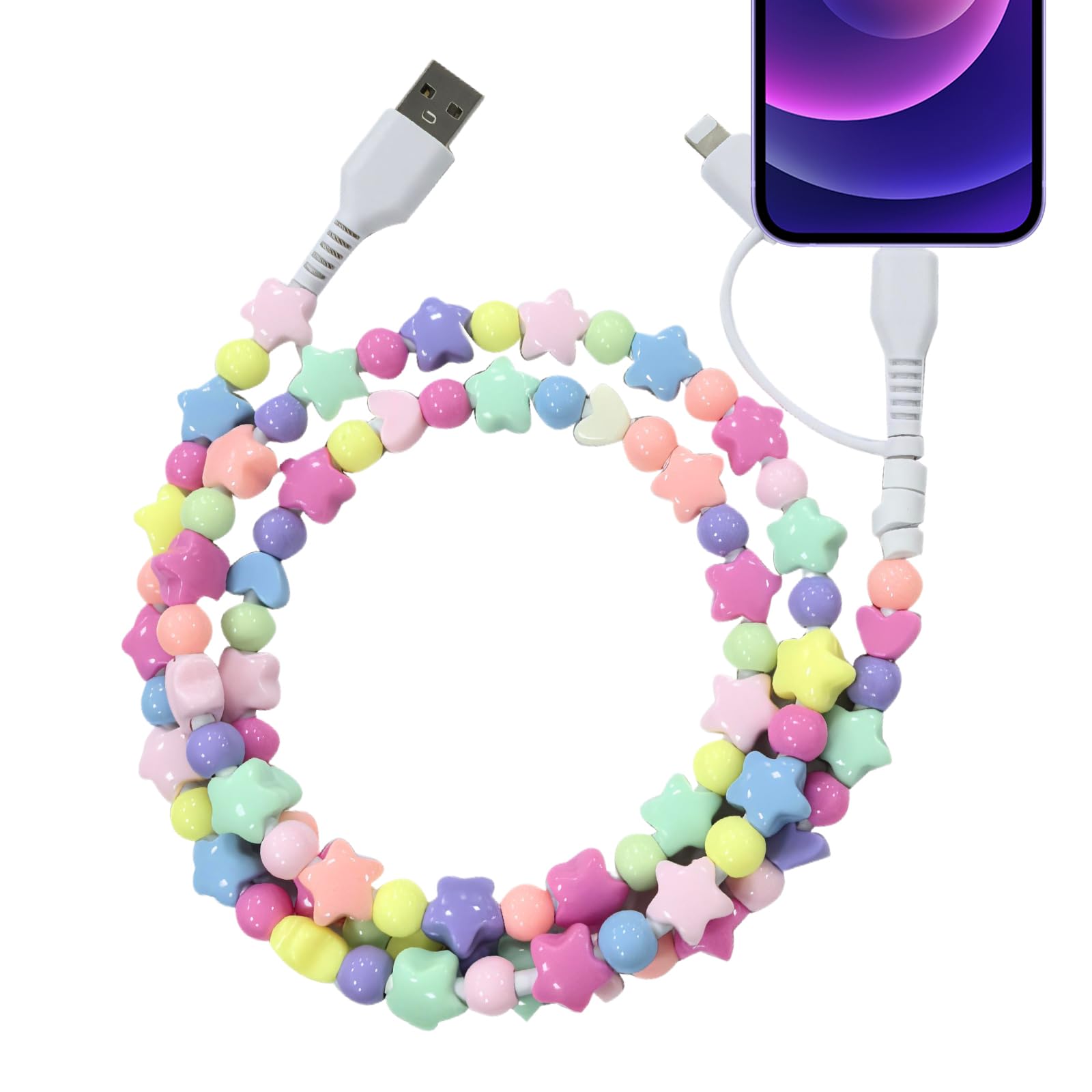 Beaded Phone Charger,Beaded Charging Cable Cute Colorful Beads