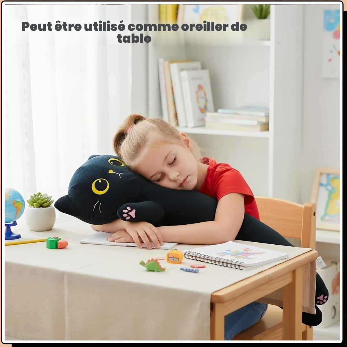 Peluche Chat Noir Long Coussin Corporel, Peluche Animale Douce et Moelleuse, Grand Chat en Peluche Cadeau d'anniversaire pour Garçons et Filles (Black, 110cm/43.31in)