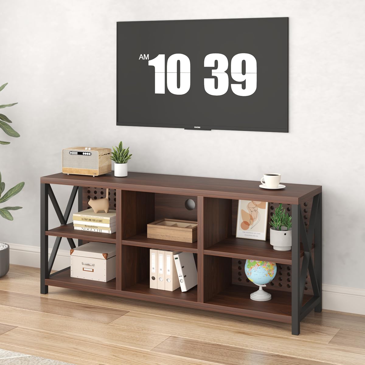 LVB Walnut TV Stand for 65 Inch TV, Industrial Wood and Metal Entertainment Center with Storage Shelf, Modern Television Media Console Table with Cabinet for Living Room Bedroom, Walnut, 55in