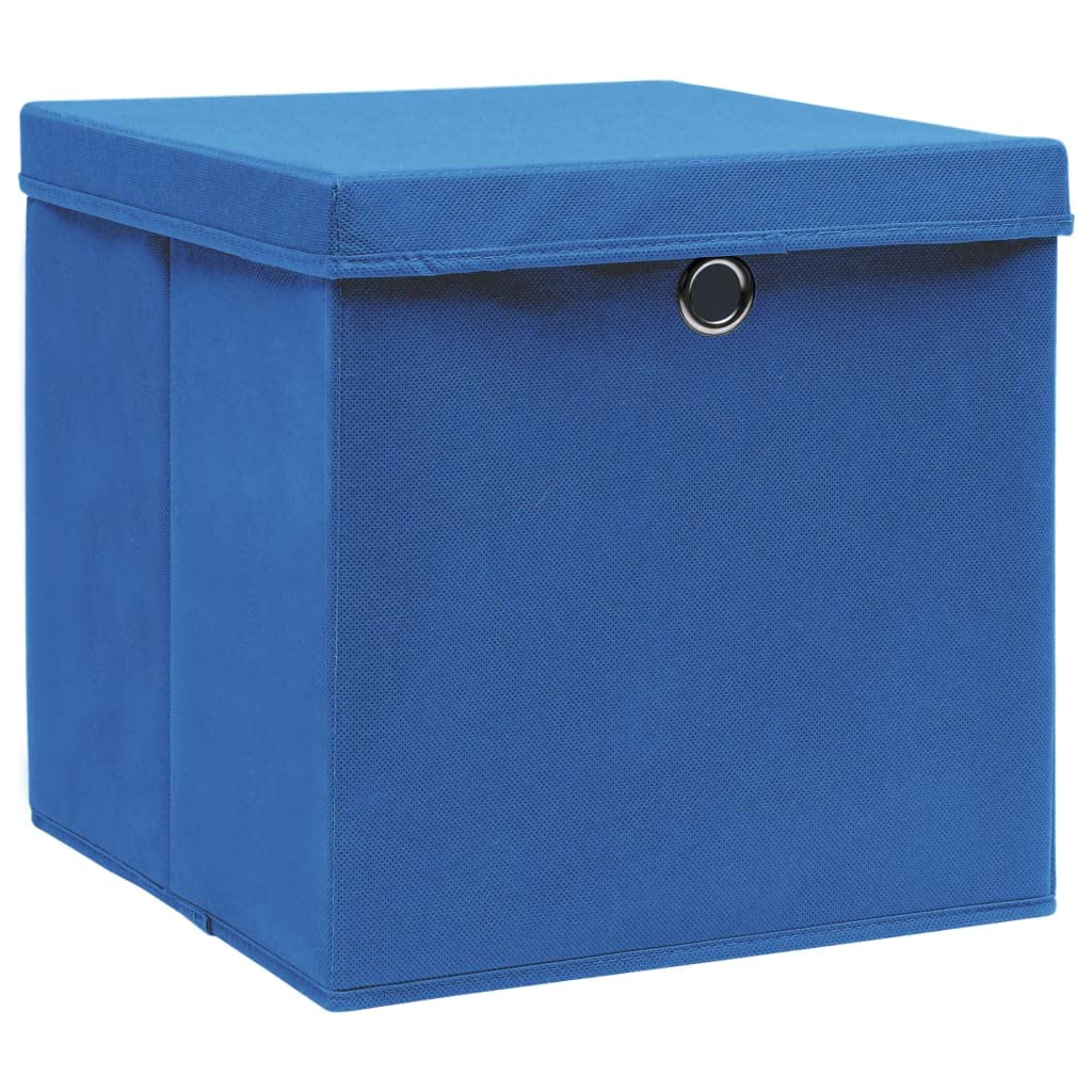 QZZCED Blue Folding Storage Boxes with Covers 10 Pack, Non-Woven Fabric Wardrobe Storage Bins with Metal Eyelets, 28x28x28 cm Dustproof Organizer for Clothes Scarves Socks