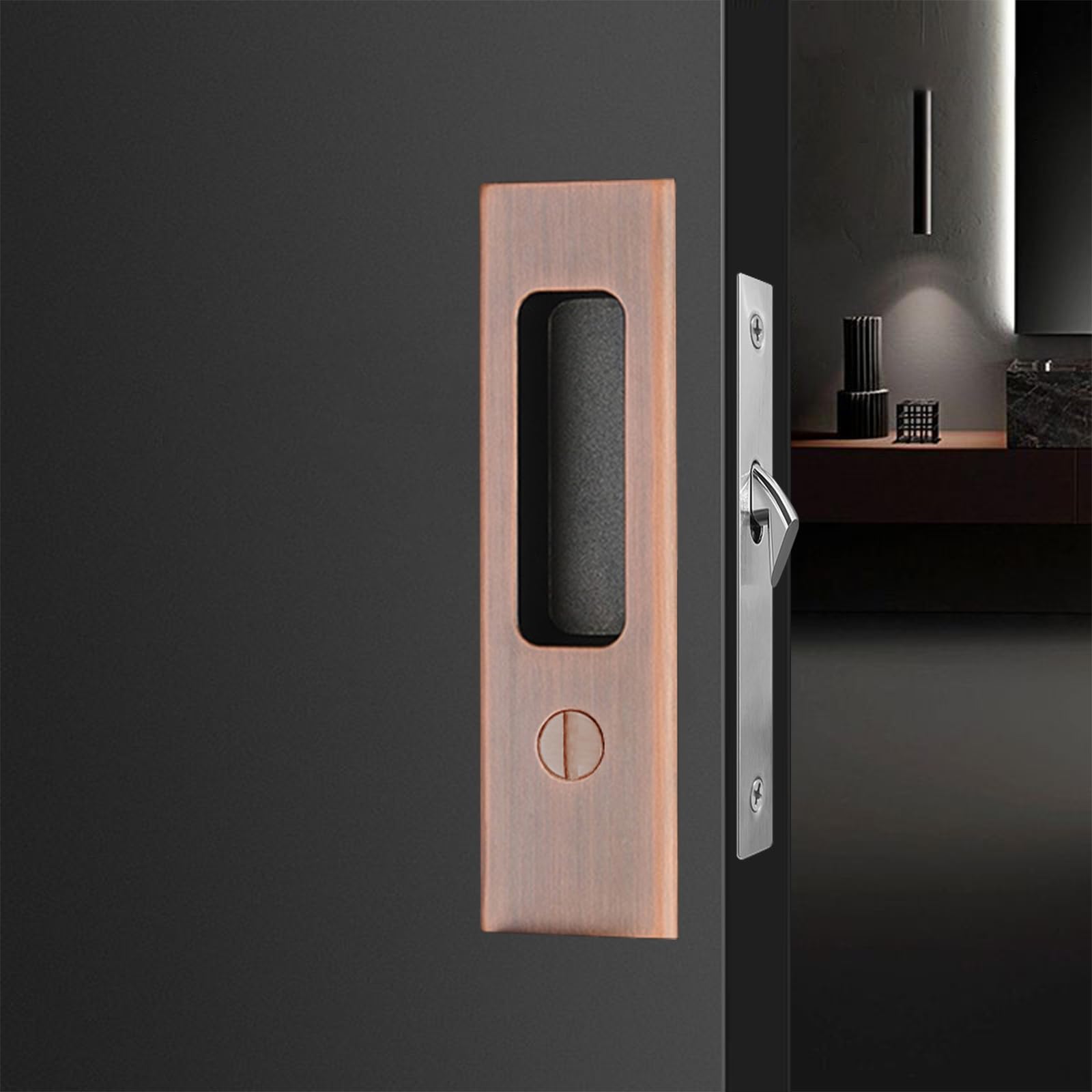 mvuenleyog Sliding Pocket Door Lock,Sliding Door Latch with Turn Knob for Interior Wooden Door,6.3in/160mm,Invisible Recessed Door Handle (Red Bronze) - Image 4