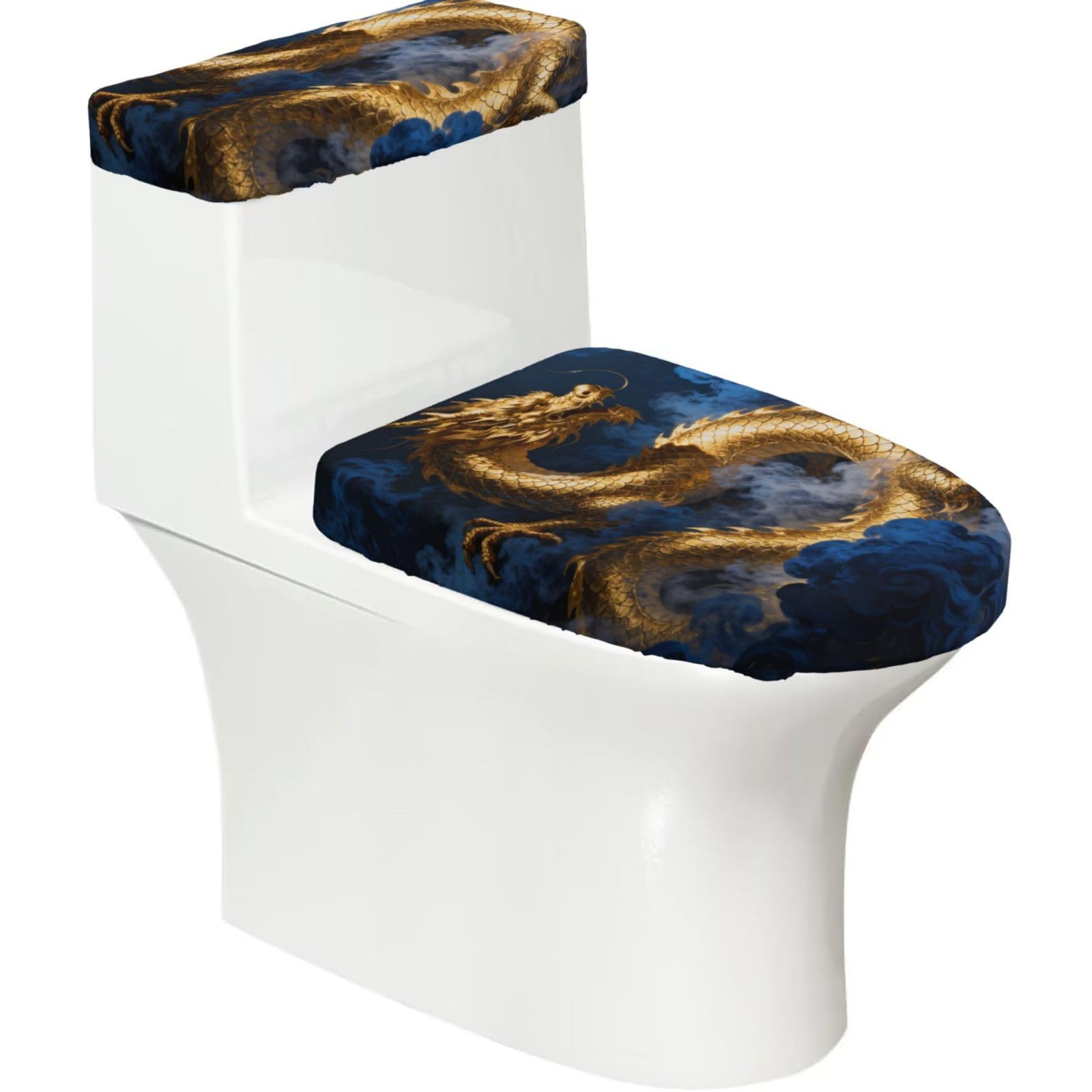 Cntdbu Black Dragon Cloud Soar Stretchy Toilet Lid And Tank Cover Set-Soft Elastic Bathroom Decor For U Shape Oval