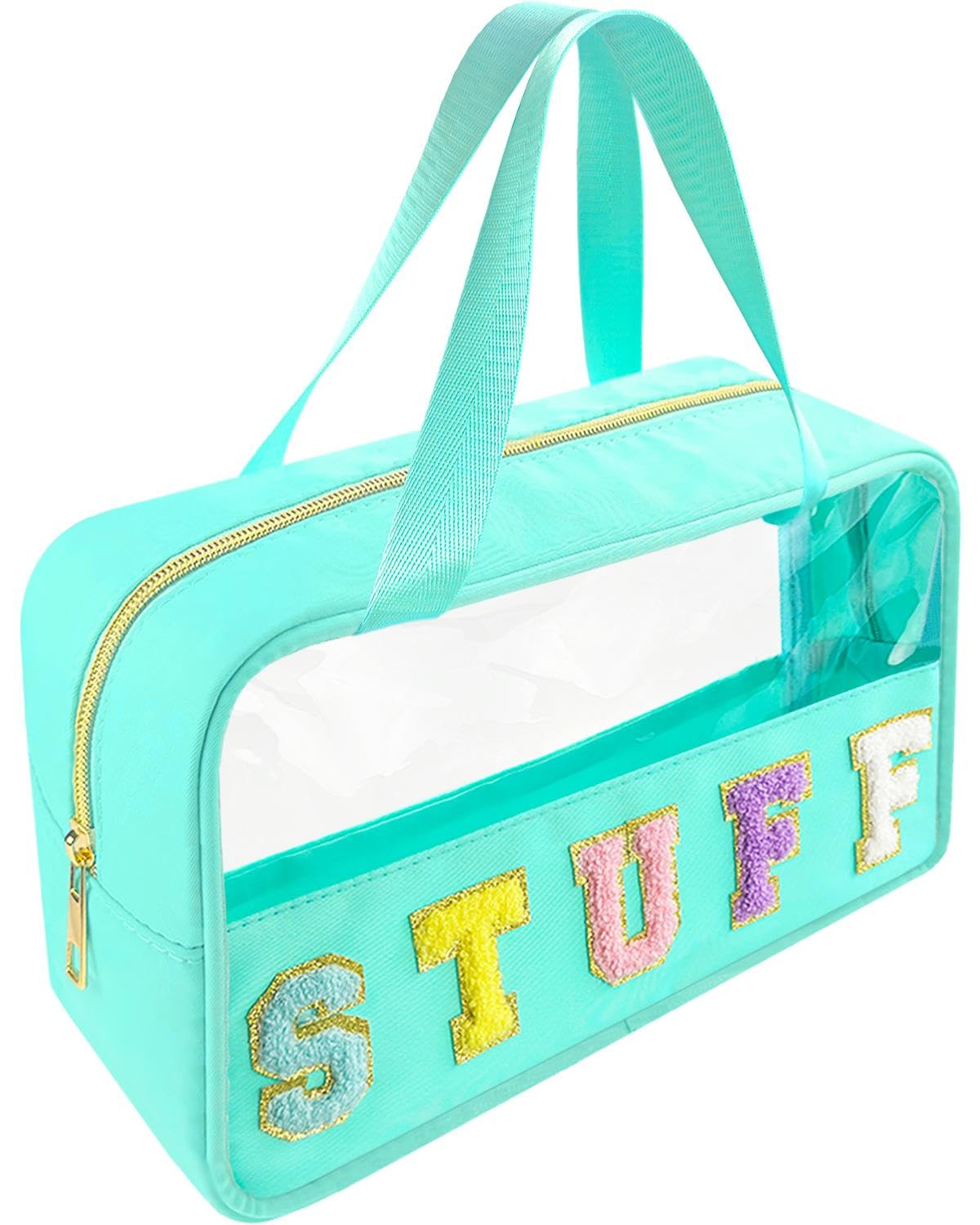 Chenille Letter Clear Makeup Bag Stuff Patch, Travel Toiletry Makeup Bag with Handle, Nylon Waterproof Makeup Bags clear cosmetic bag, preppy patch