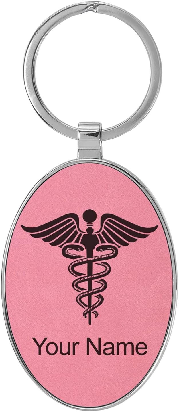 LaserGram Oval Keychain, Caduceus Medical Symbol, Personalized Engraving Included (Metal Frame)