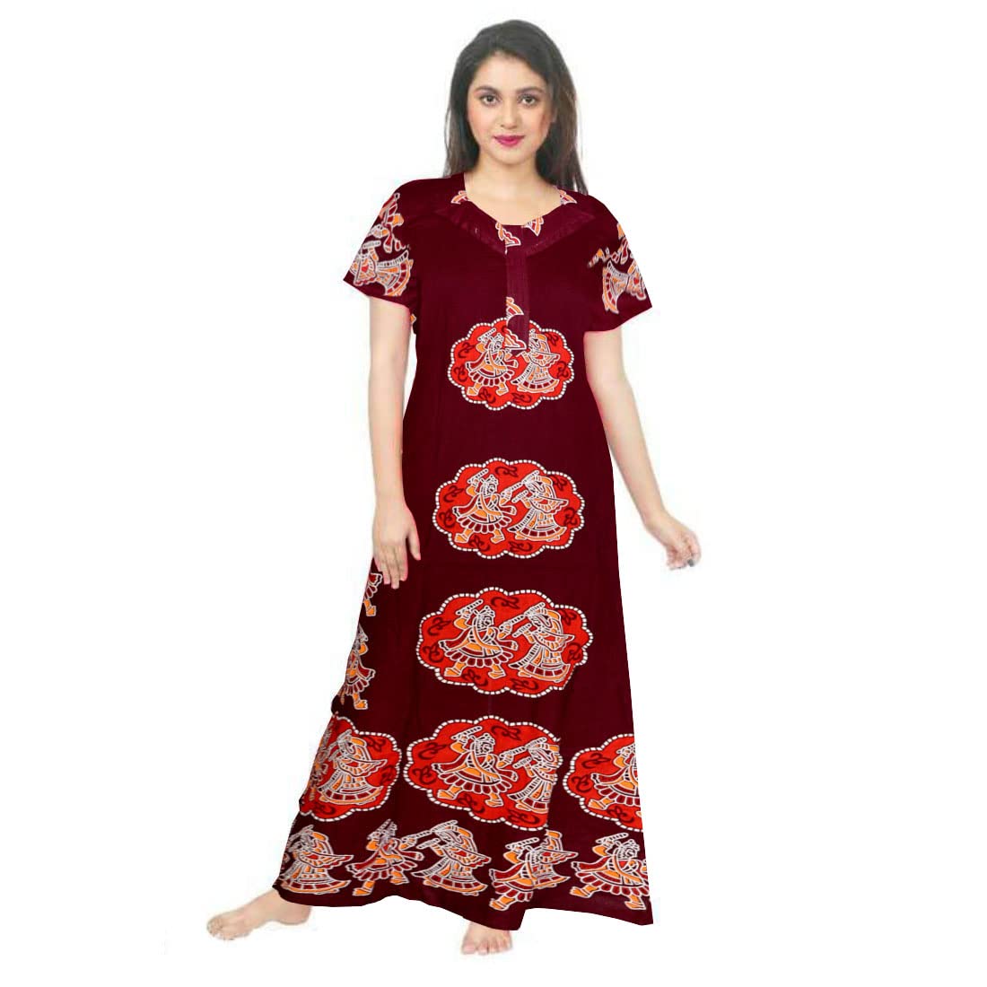 Women's Cotton Printed Soft Comfortable Sleepwear Maxi, Nighty, Gown, Nursing, Feeding and Maternity Dress (Brown, L-Free Size) (Large, Multicolor-C)-image-45