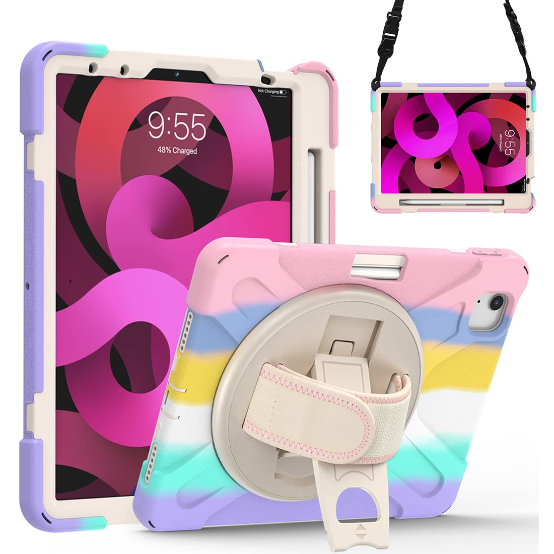 Case for iPad Air 4 2020 10.9" /iPad Pro 11 2020 2018, Full-Body Shockproof Case with 360 Degree Rotating Kickstand Handle Hand Strap Shoulder Strap, Drop Resistant Rugged Heavy Duty Soft TPU Cover