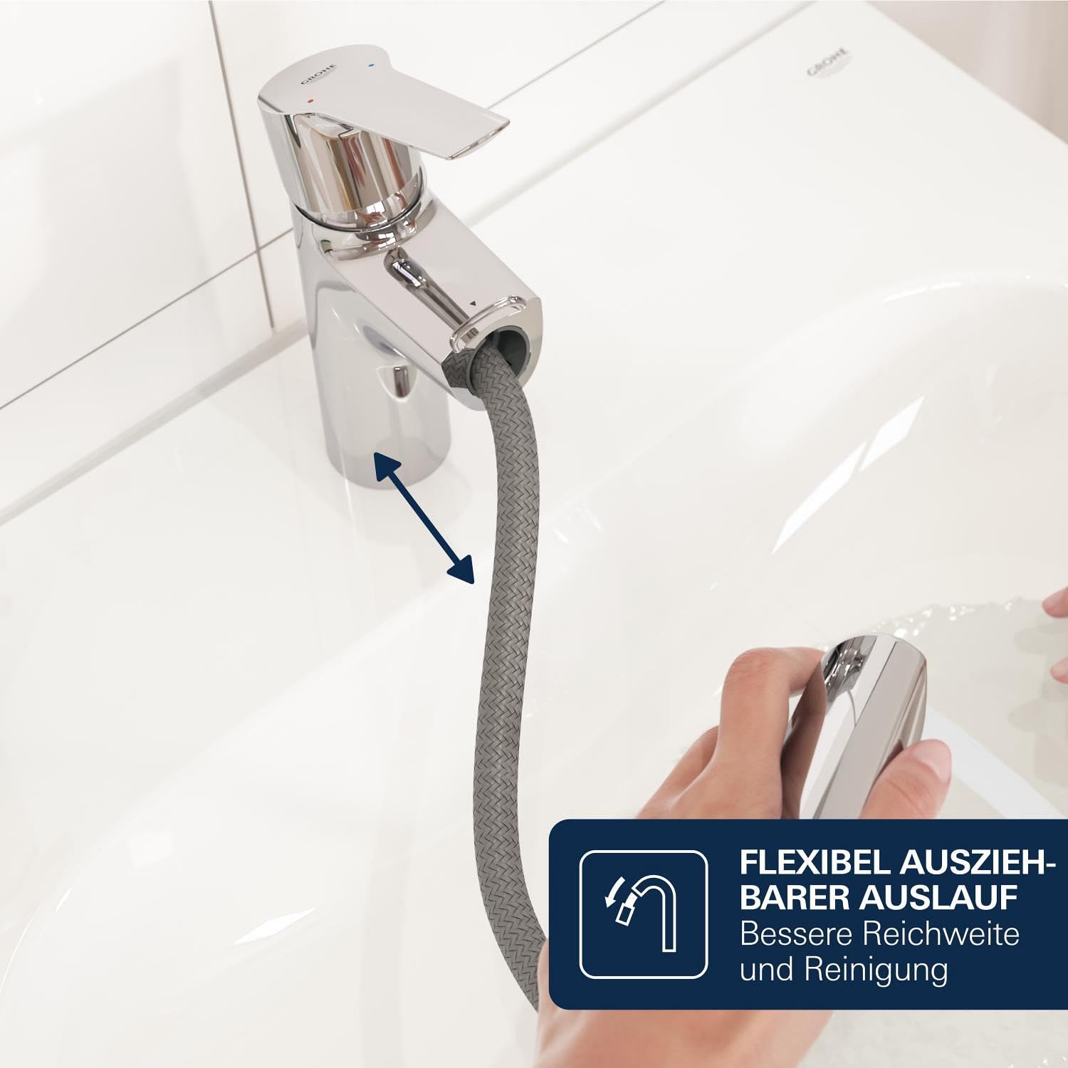 GROHE Dice, Badarmatur für Familien, wassersparend (herausziehbarer Wasserhahn für das Bad, mit Pop-Up Ablauf, 19cm hoch, mit 3in1 Werkzeug, einfache Installation am Waschbecken), chrom, 1018680000