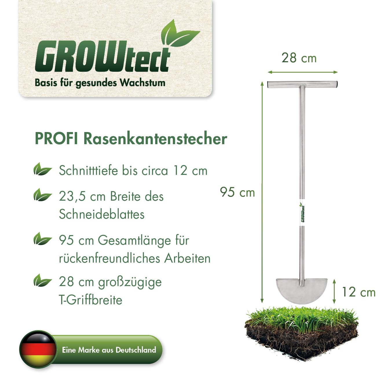 PRO Rasenkantenstecher – Profi Kantenstecher mit geschärftem Blatt für Garten- und Landschaftsbau, Sportplatzpflege und Greenkeeper – Scharfe Klinge | Edelstahlstiel (T-Griff) aus einem Stück