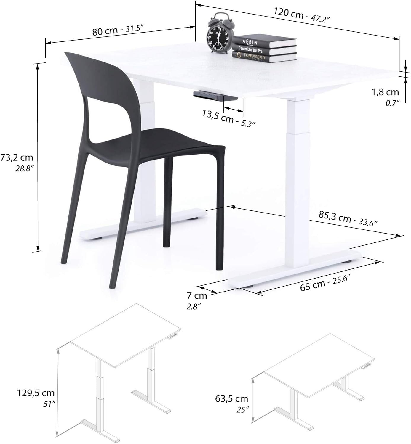 Mobili Fiver, Clara Electric Standing Desk 47.2 x 31.4 in Concrete Effect, White with White Legs