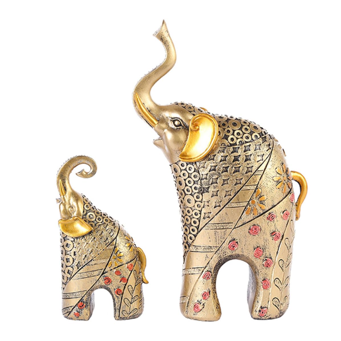 Set 2 Pezzi Elefanti in Resina Oro Decorativi Non Sbiadenti, Statuette Eleganti e Naturali per Decorazioni Casa e Ufficio, Ornamento Portafortuna Artistico